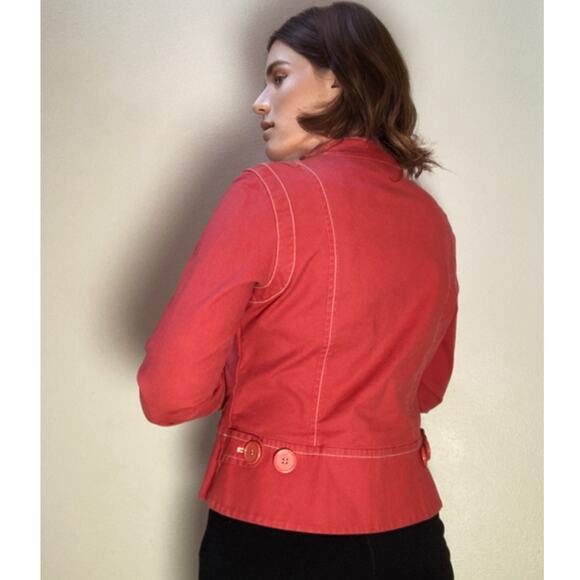Anthropologie Sitwell ~ Moto Jean Jacket Bright Redish Pink Buttons ~ Sz 10 - Picture 2 of 9